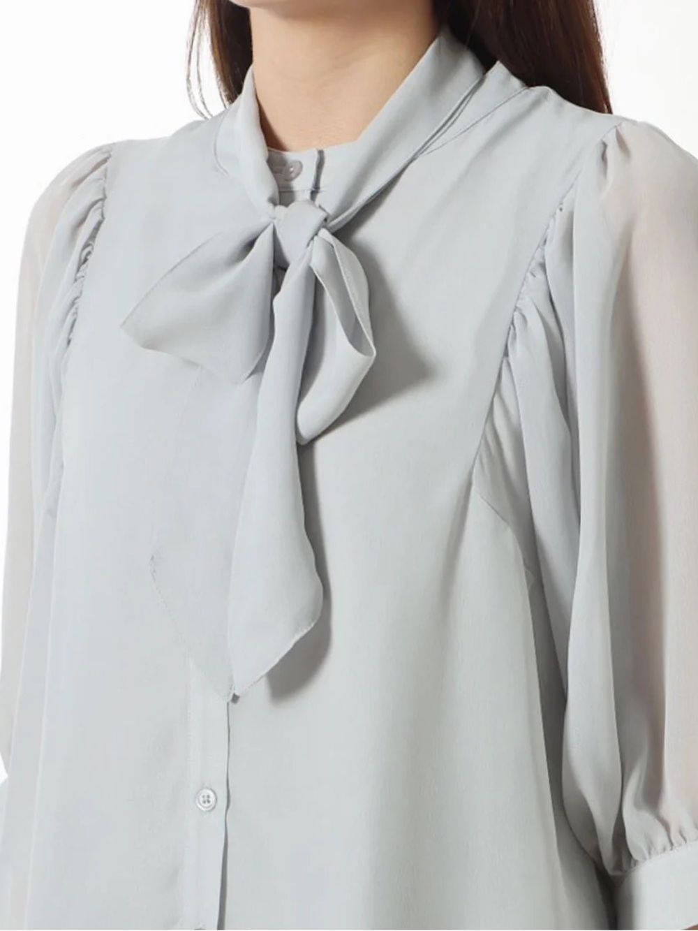 Vince Camuto Pale Gray Tie-Neck Chiffon Blouse